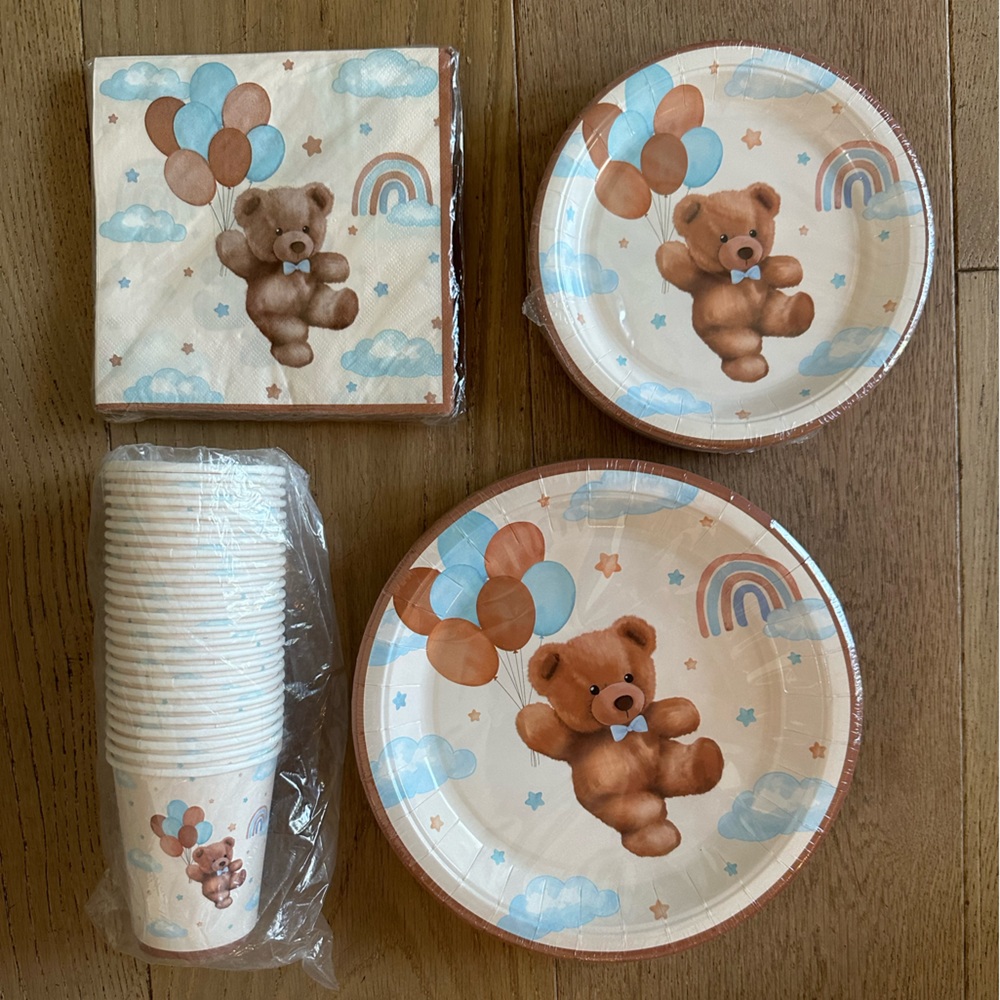 5/$20* 25 party plates, cups, napkins. Baby bear, blue balloons, rainbow, clouds